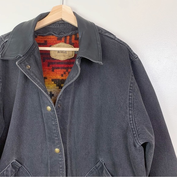 VINTAGE WOOLRICH Black Denim Jacket Serape Aztec Wool Lining Faded Distressed L - Picture 2 of 13